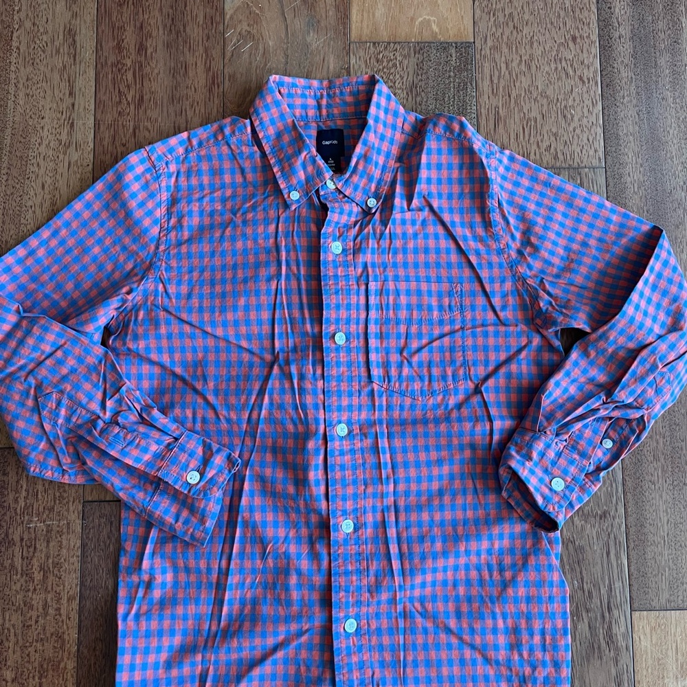 GAP boys’ Vibrant Blue and Orange Plaid Shirt - 10